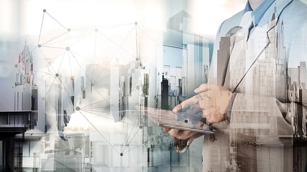 Double exposure of businessman working with new modern computer show social network structure as concept-1